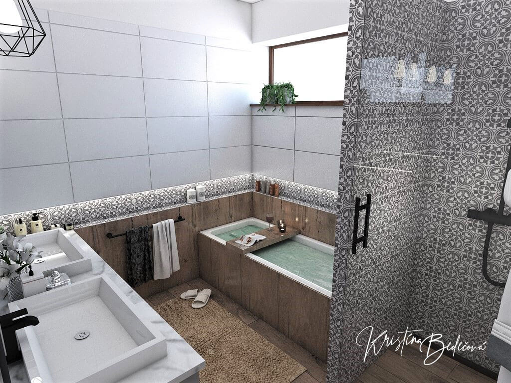 Návrh interiéru kúpeľne S nádychom vintage, pohľad z rohu kúpeľne