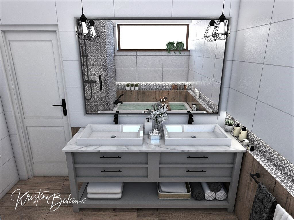 Návrh interiéru kúpeľne S nádychom vintage, pohľad na umývadlá a zrkadlo