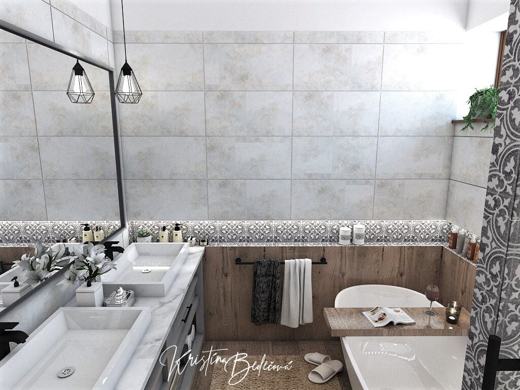 Návrh interiéru kúpeľne S nádychom vintage -alternatíva, pohľad na voľne stojacu vaňu a umývadlá