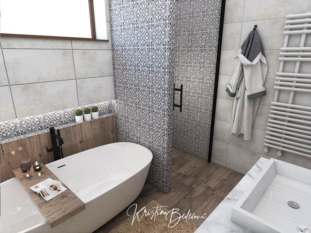 Návrh interiéru kúpeľne S nádychom vintage -alternatíva, pohľad na voľne stojacu vaňu a sprchový kút