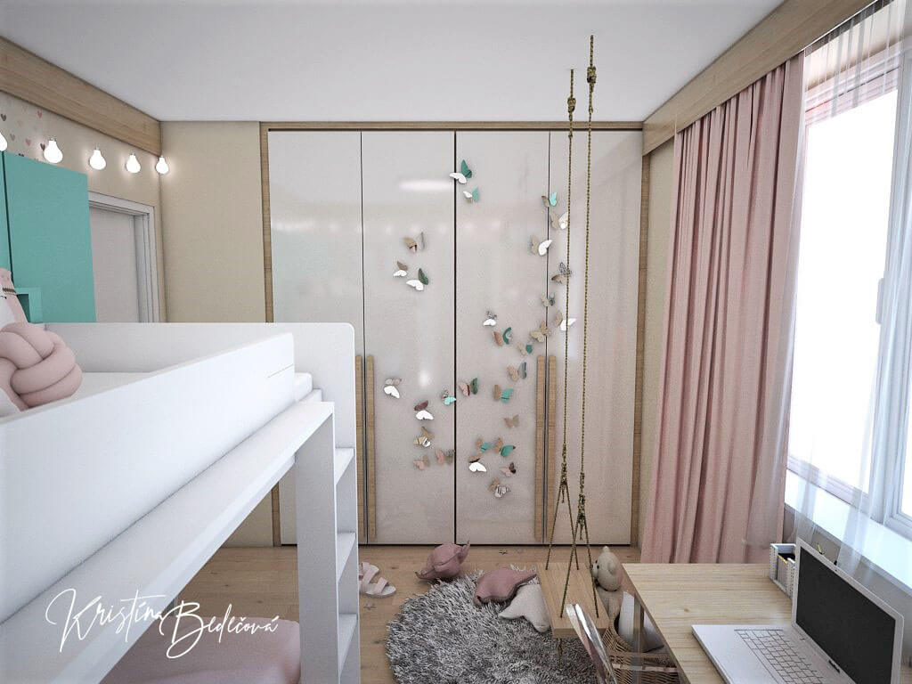 Návrh interiéru bytu Romantika v akcii, pohľad na hojdačku v detskej izbe