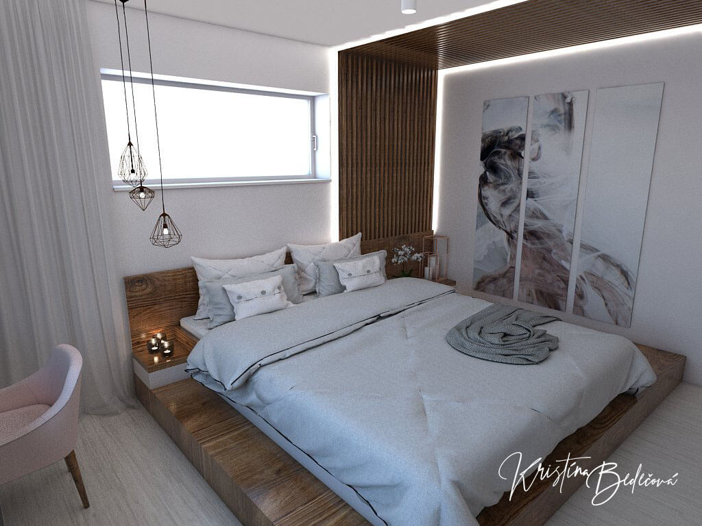 Návrh interiéru spálne Ružové pohladenie pohľad na posteľ a obraz