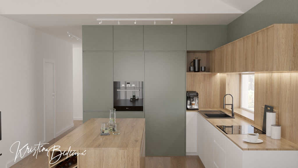 Návrh kuchyne s jedálňou a obývačkou, pohľad na stenu so vstavaným spotrebičom