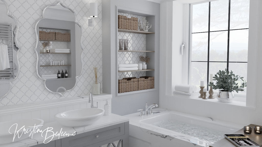 Vizualizácia kúpeľne, Čistá krása, pohľad na rok kúpeľne s vaňou oknom a umývadlami